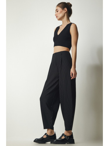 Щастие İstanbul Дамски черни ежедневни раирани торбести панталони