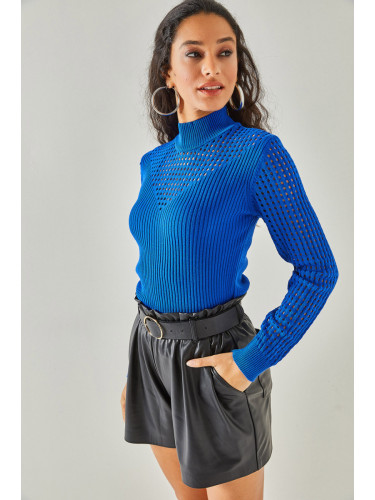 Olalook жените сакс синьо Roba ръкав ажурна половината поло трикотаж пуловер