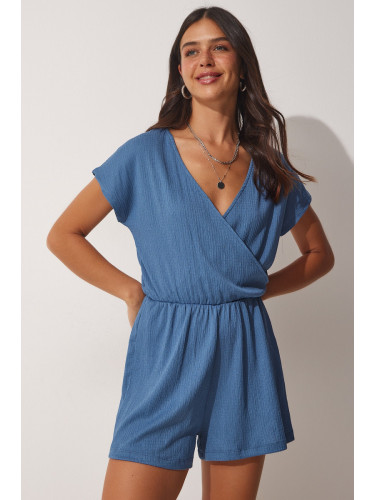 Happiness İstanbul Women's Indigo Blue Wrapped Collar Short Knitted Jumpsuit with Shorts