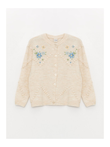 LC Waikiki Crew Neck Embroidered Long Sleeve Girl's Knitwear Cardigan