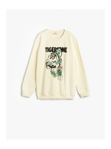 Koton Sweatshirt Crew Neck Tiger Printed Long Sleeve Raised