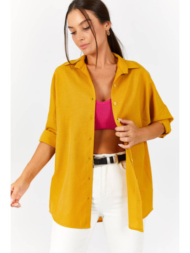 armonika Women's Mustard Oversize Long Basic Shirt