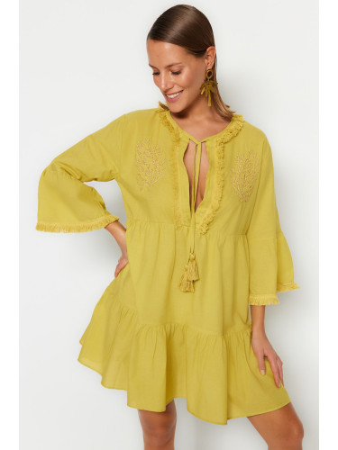 Trendyol масло зелено мини тъкани бродерия 100% памук плажна рокля