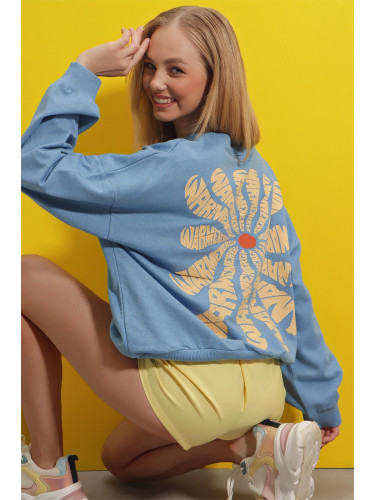 Trend Alaçatı Stili Women's Sky Blue Crew Neck Warmenergy Printed Sweatshirt