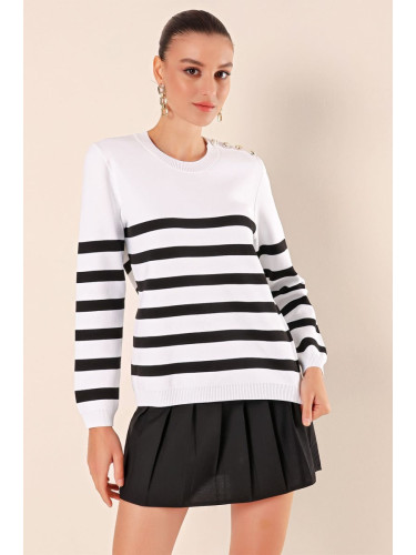 Bigdart 15820 Button Detail Striped Sweater - C. Black