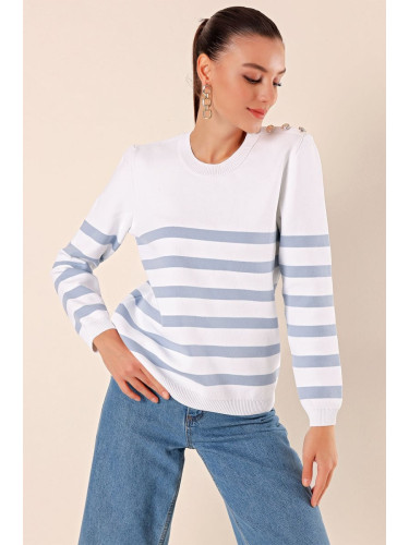 Bigdart 15820 Button Detailed Striped Sweater - C. Indigo