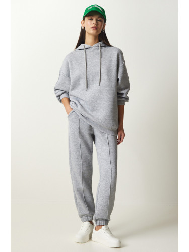 Happiness İstanbul Women's Gray Hooded Raised Knitted Tracksuit Set