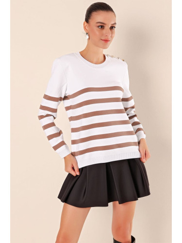 Bigdart 15820 Button Detail Striped Sweater - C. Mink