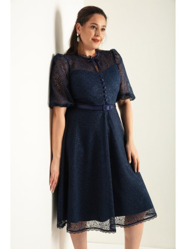 Lafaba Women's Navy Blue Lace Plus Size Midi Evening Dress