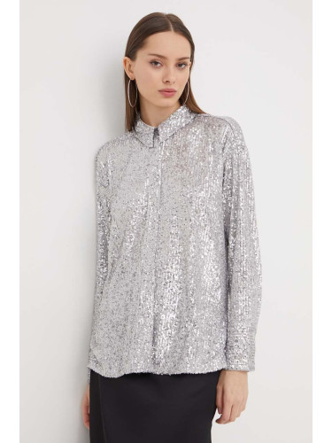 Риза Abercrombie & Fitch дамска в сребристо със стандартна кройка с класическа яка