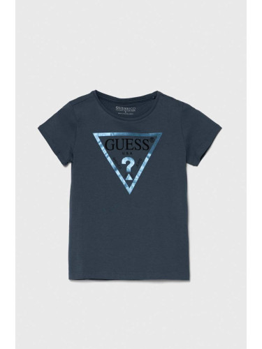 Детска памучна тениска Guess в синьо