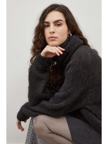 Вълнен пуловер American Vintage дамски в черно от топла материя с поло