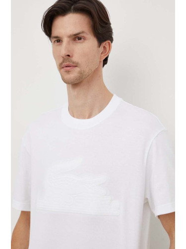 Памучна тениска Lacoste в бяло с апликация