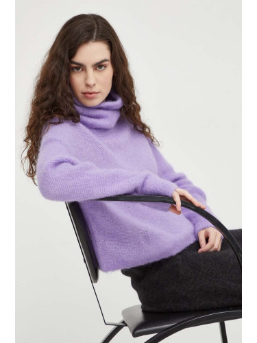 Вълнен пуловер American Vintage дамски в лилаво от топла материя с поло