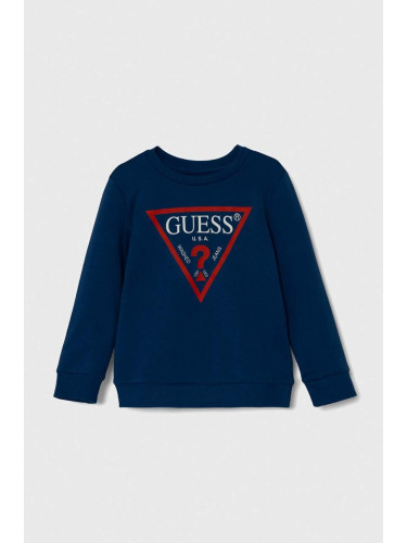 Детски памучен суичър Guess в синьо с принт