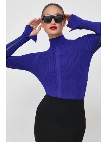 Пуловер BOSS дамски в синьо от лека материя с ниско поло