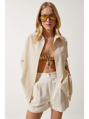 Happiness İstanbul Women's Latte Single Pocket Boyfriend Poplin Shirt