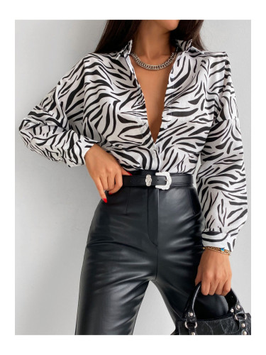 armonika Women's Black Zebra Pattern Oversize Long Basic Shirt