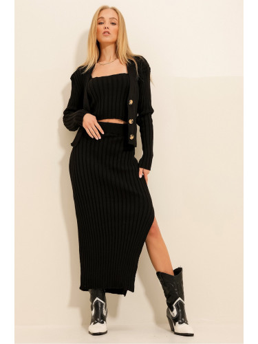 Trend Alaçatı Stili Women's Black Slit Skirt Strap Top and Knitwear Cardigan 3 Piece Set