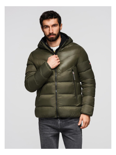 Ombre Men's quilted winter jacket with combined materials - dark olive green