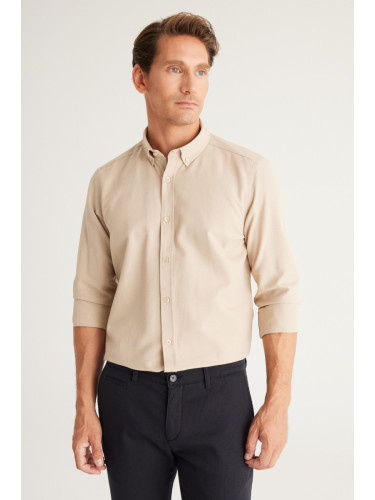 AC&Co / Altınyıldız Classics Men's Oxford Beige Button-Down Collar Easy Iron Cotton Slim Fit Slim Fit Shirt