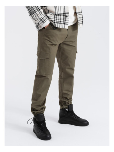 Ombre Men's pants with cargo pockets and leg hem - dark olive green