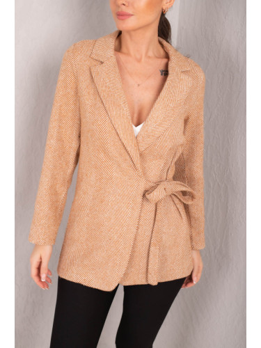 armonika Women's Camel Side Tie Herringbone Patterned Cachet Jacket