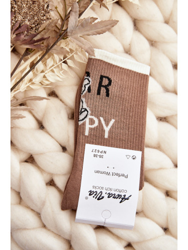 Aura.via Дамски памучни чорапи с надпис и плюшено мече светло кафяво
