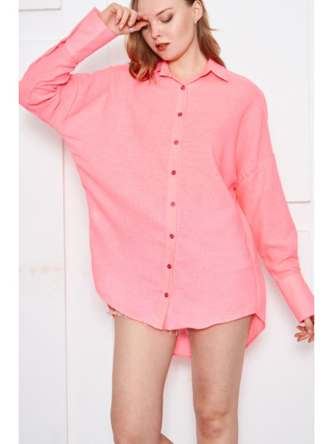 armonika Women's Neon Pink Oversize Textured Linen Look Wide Cuff Shirt