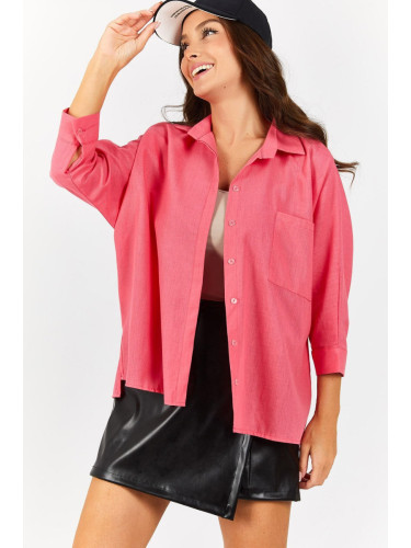 armonika Women's Fuchsia Pocket Loose Linen Shirt