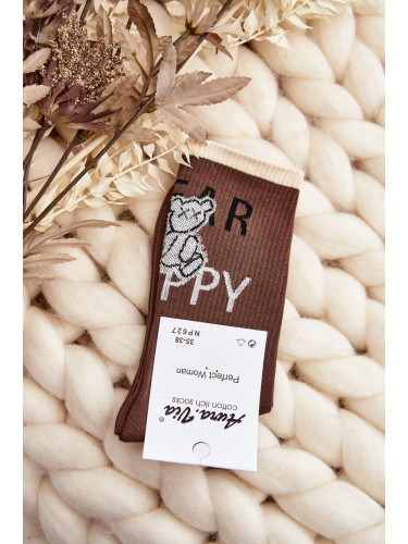 Aura.via Дамски памучни чорапи с текст и мече кафяво