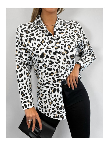 armonika Women's Beige Leopard Print Oversize Long Basic Shirt