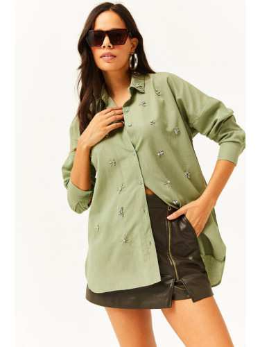 Olalook Women's Mustard Green Six Oval Woven Shirt with Stones on the Collar and Front