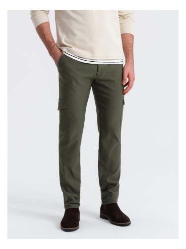 Ombre Spodnie męskie materiałowe REGULAR z kieszeniami cargo - ciemnooliwkowe