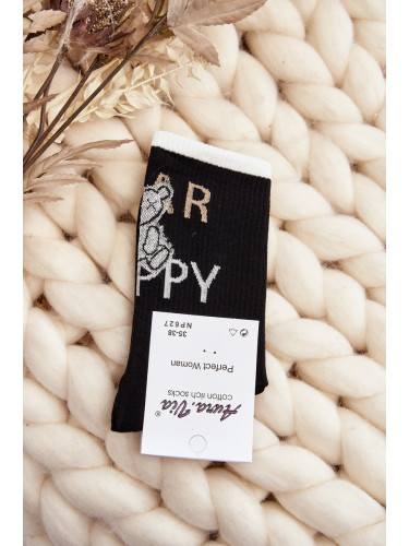 Aura.via Дамски памучни чорапи с надпис и мече черни