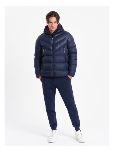 Ombre Men's winter quilted jacket of combined materials - navy blue