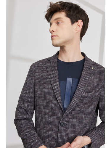ALTINYILDIZ CLASSICS Men's Burgundy Slim Fit Slim Fit Mono Collar Houndstooth Patterned Blazer Jacket