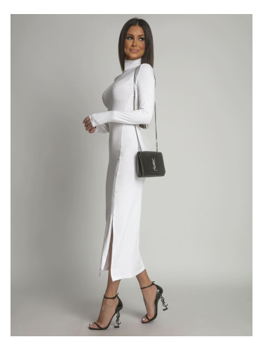 Plain long-sleeved turtleneck dress, white
