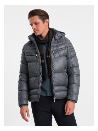 Ombre Heavily insulated quilted men's jacket with detachable hood - graphite