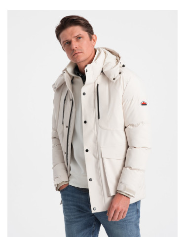 Ombre Men's winter jacket with detachable hood and cargo pockets - cream