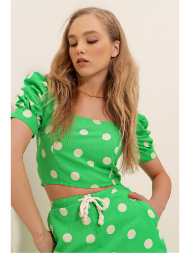 Trend Alaçatı Stili Women's Green Square Collar Princess Sleeve Concealed Zipper Polka Dot Linen Effect Blouse