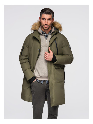 Ombre Alaskan men's winter jacket with detachable fur from the hood - dark olive green