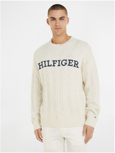 Tommy Hilfiger Cable Monotype Crew Neck Men's Cream Wool Sweater