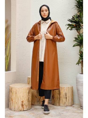 InStyle Hooded Long Leather Cape - Tan