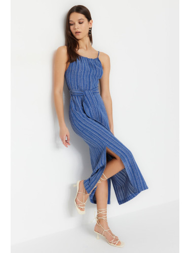 Trendyol Indigo Belted Straight Cut Slit Detailed Midi Woven Dress