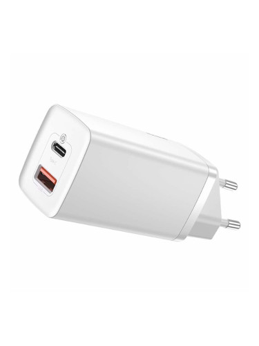 Зарядно устройство Baseus GaN 2 Lite Charger 1C (CCGAN2L-B02), от контакт към USB-A(ж)/USB-C(ж), 65W, бяло