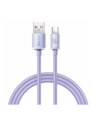 Кабел Baseus Crystal Shine USB-A to USB-C Cable (CAJY000401), от USB A(м) към USB C(м), 1.2m, лилав, 100W