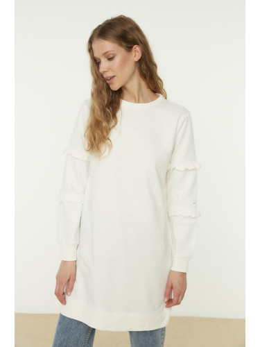 Trendyol Ecru Crew Neck Sleeves Ruffled Knitted Tunic