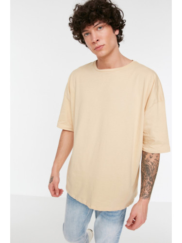 Trendyol Beige Basic 100% Cotton Crew Neck Oversize/Wide Cut Short Sleeve T-Shirt