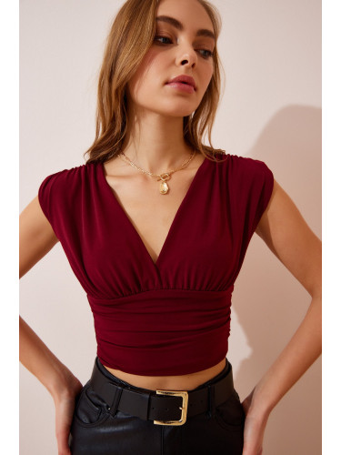 Happiness İstanbul Women's Burgundy Deep V Neck Crop Sandy Knitted Blouse
